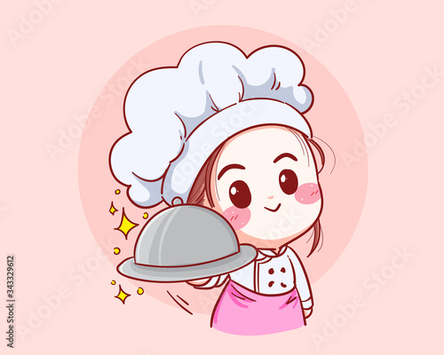 female chef is wearing an apron, wearing a hat, holding a silver dome