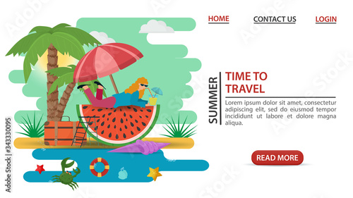 web page design concept summer vacation girl lying on a watermelon slice with juice under palm trees on a sandy beach flat vector illustration cartoon