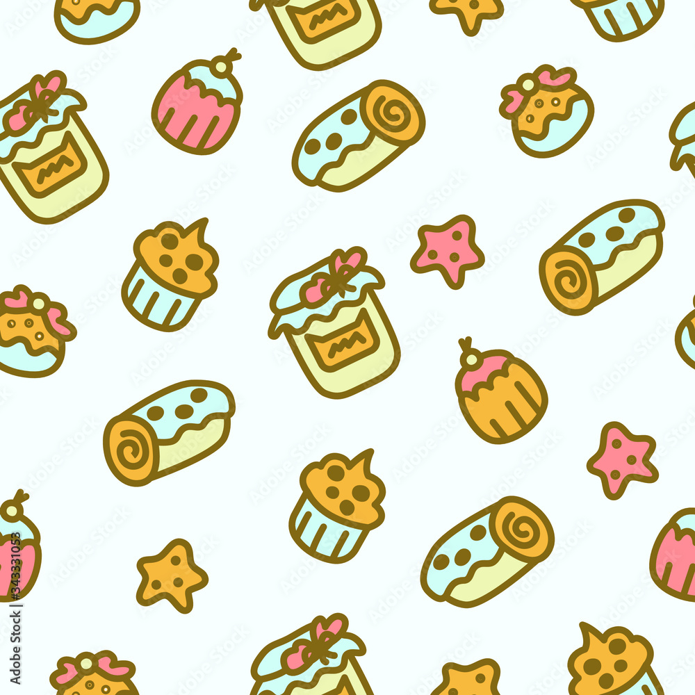 Cute vector seamless pattern with different pastries and sweets. Cakes, sweet rolls, jam, buns, cookies. Fun illustration for packaging design, wrapping paper, background for an online store. Cute vector seamless pattern with different pastries and sweets. Cakes, sweet rolls, jam, buns, cookies. Fun illustration for packaging design, wrapping paper, background for an online store.