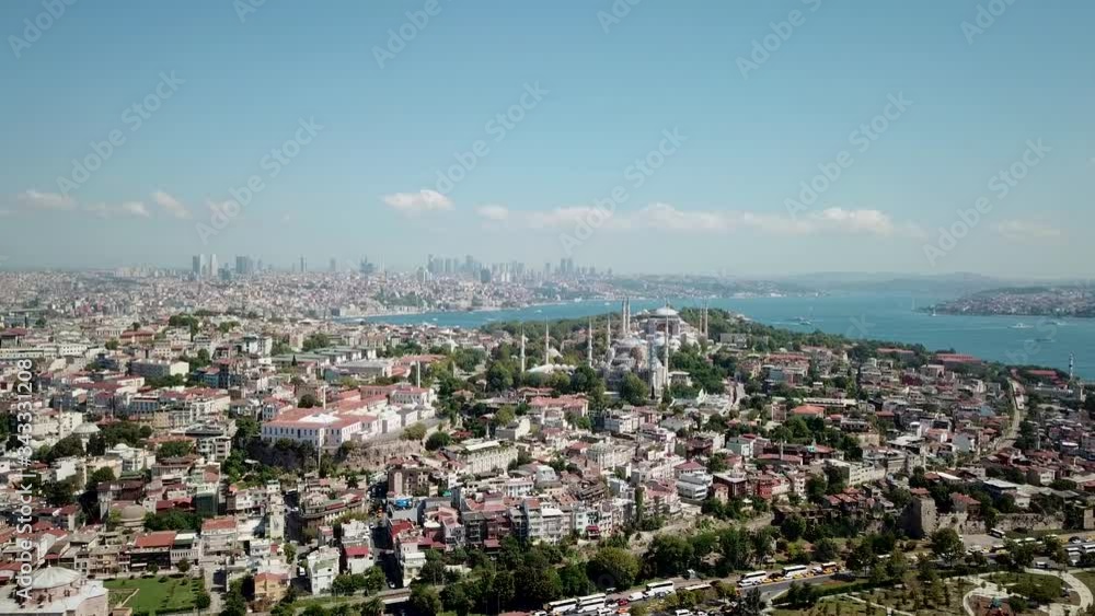 Aerial View of Istanbul Turkey. Mosques, Bosphorus and City Downtown in Skyline on Sunny Day Aerial View of Istanbul Turkey. Mosques, Bosphorus and City Downtown in Skyline on Sunny Day