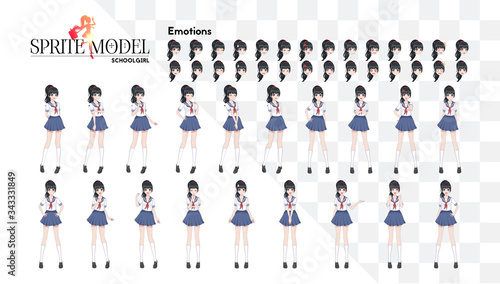 Set of emotions.Sprite full length character for game visual novel. Anime manga girl, Cartoon character in Japanese style.School girl in a sailor suit, blue skirt