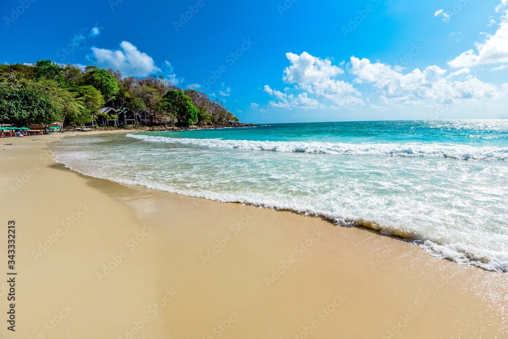 View of beautiful tropical landscape beach sea island with ocean blue sky and resort background in Thailand summer beach vacation - Sea waves on sand beach water and coast seascape