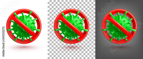 Stop Virus Sign or Coronavirus 2019-nCoV Sign with green virus cells on white, transparent and dark background. Stop COVID-19 Corona virus outbreaking concept.Vector illustration eps 10
