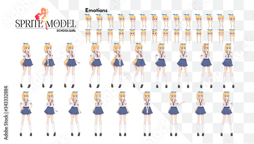 Set of emotions.Sprite full length character for game visual novel. Anime manga girl, Cartoon character in Japanese style.School girl in a sailor suit, blue skirt