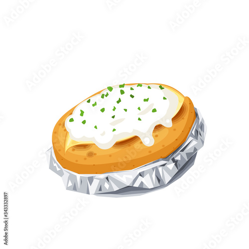 Baked potatoes with cheese and herbs in foil. Vector illustration flat cartoon icon isolated on white.