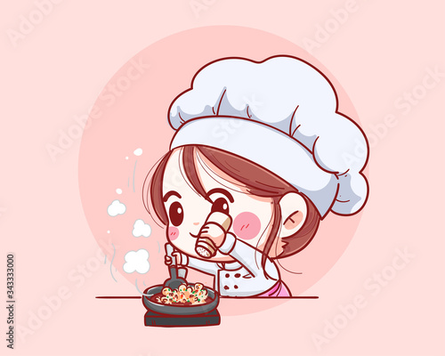 Smiling chef female. Woman chef is cooking fun. Hand drawn vector illustration