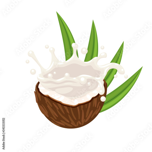 Coconut milk splash, half fruit and leaves. Vector illustration cartoon flat icon isolated on white.