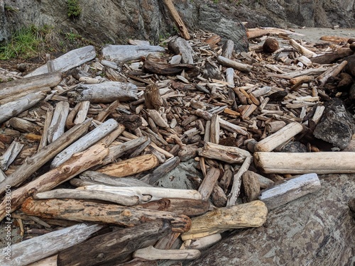 Driftwood near rocky cliffside