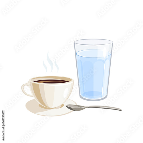Hot black coffee cup and glass of cold water. Vector illustration cartoon flat icon isolated on white background.