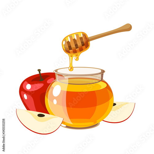 Honey pot and red apple, symbol of jewish new year, Rosh Hashanah. Vector illustration flat cartoon icon isolated on white background.