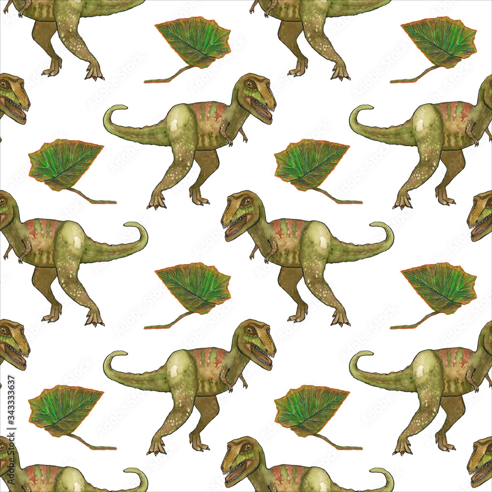 Fototapeta premium dinosaur seamless pattern, raptor leaves on a white background, blank, print, fabric, wallpaper, packaging, children's illustration