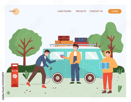 People travel by electric car. Man charging electric van. Outdoor travel concept illustration. Vector web site design template. Landing page website illustration.