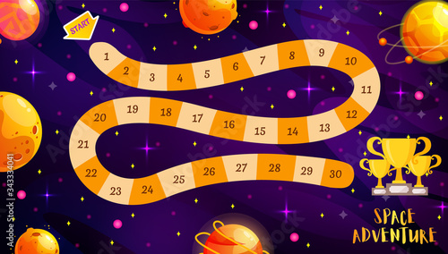 Graphic user interface for space adventure game. Template for children's board game. Vector background with funny and cute planets.