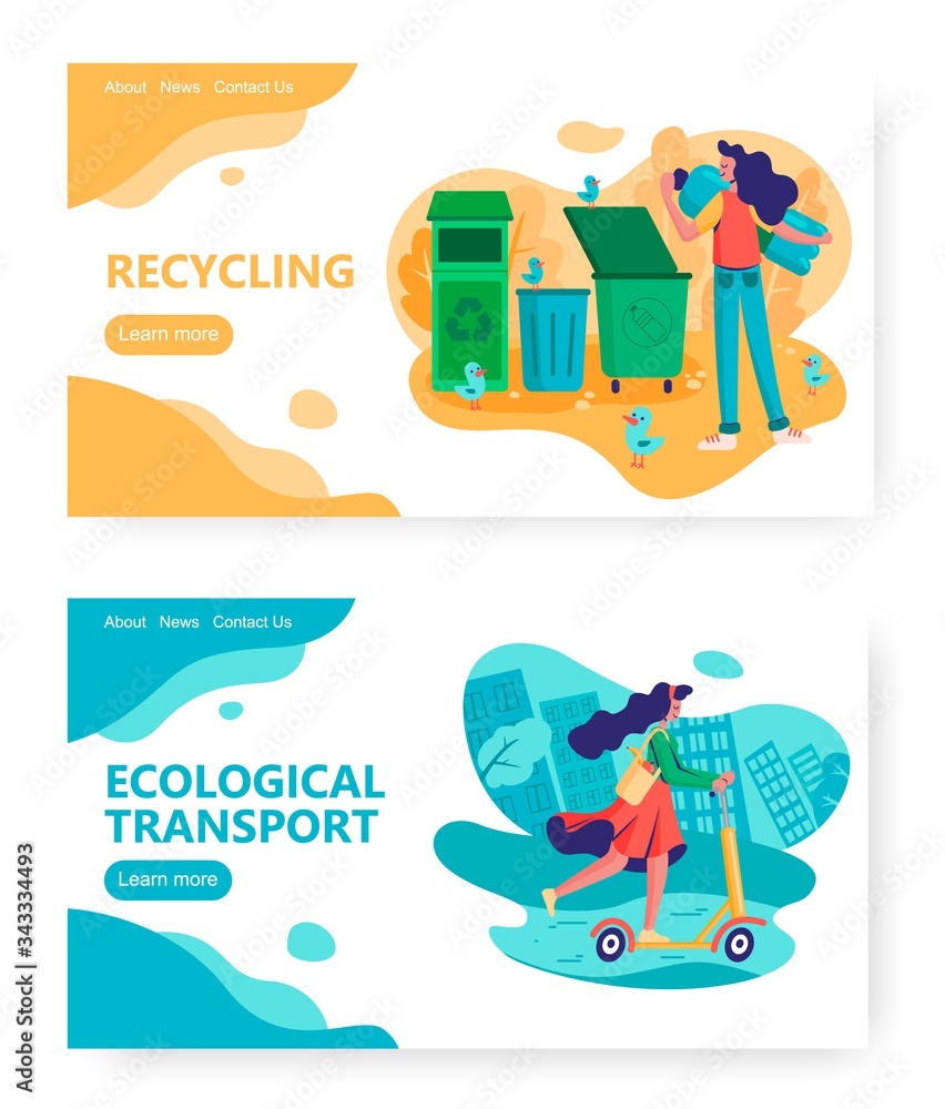 Fototapeta premium Garbage sorting and plastic recycle concept illustration. Young girl on a scooter. Eco urban lifestyle. Environment, ecology. Vector web site design template. Landing page website illustration.