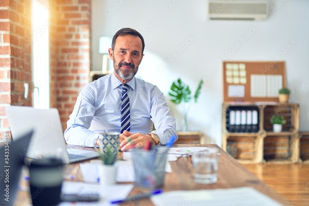 Middle age handsome businessman wearing tie sitting using laptop at the office with serious expression on face. Simple and natural looking at the camera. Middle age handsome businessman wearing tie sitting using laptop at the office with serious expression on face. Simple and natural looking at the camera.