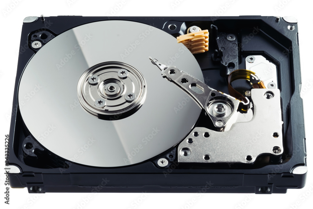 a computer's hard disk hdd data storage drive without shield isolated in white background show magnetic disc and electronic part inside a computer's hard disk hdd data storage drive without shield isolated in white background show magnetic disc and electronic part inside