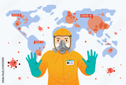 person wearing hazmat suit and world map as background with contagiousness virus over the world