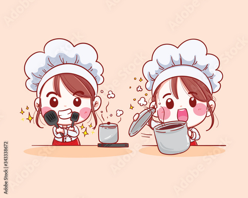 Smiling female chef. Woman chef is cooking. Hand drawn vector illustration