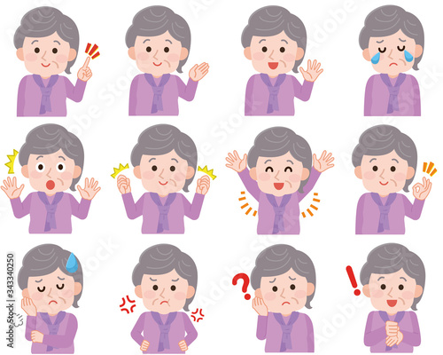 おばあさん　表情セット　上半身　アイコン　イラスト