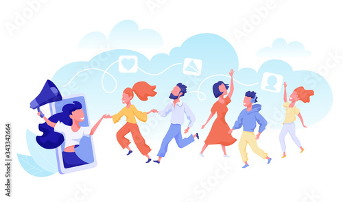 Refer a friend concept. Woman reports in megaphone about referral program.