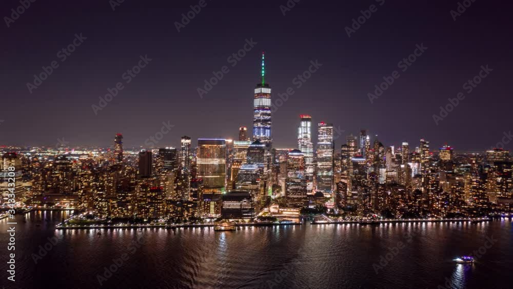 Wall street, lower Manhattan in New York by night aerial hyperlapse Wall street, lower Manhattan in New York by night aerial hyperlapse