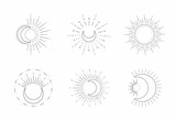 Vector sun and moon line design. Outline suns symbols, moon element icon set isolated on white background
