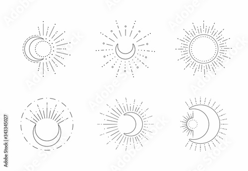 Vector sun and moon line design. Outline suns symbols, moon element icon set isolated on white background
