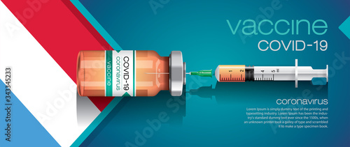 Vector illustration with 3D corona vaccine, country flag concept.