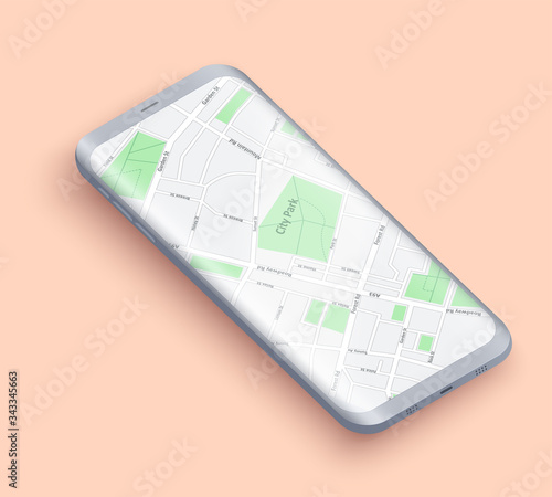 Smartphone layout presentation mockup. Example frameless model smartphone with map on screen. Technology application mockup. Vector Illustration