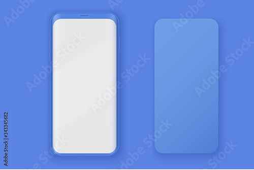 Smartphone two layout presentation mockup in blue color. Example frameless model mobile phone with touchscreen. Project application mockup. Vector Illustration