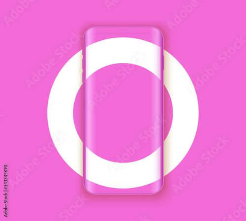 Smartphone layout presentation mockup in pink color. Example frameless model mobile phone with touchscreen on white circle. Project application mockup. Vector Illustration