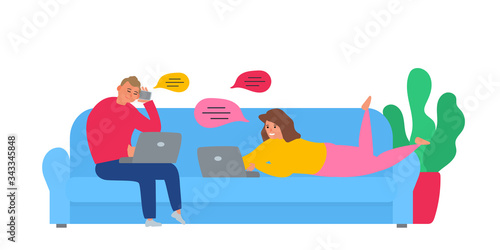 couple man and woman freelancers using laptops on the sofa working chatting internet searching remote work vector illustration