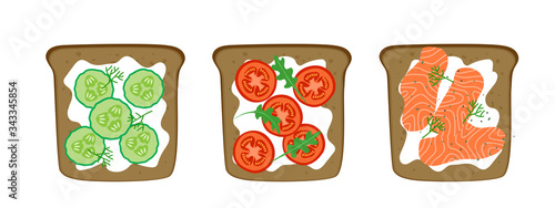 healthy sandwiches with cream cheese cucumber tomato smoked salmon vector illustration