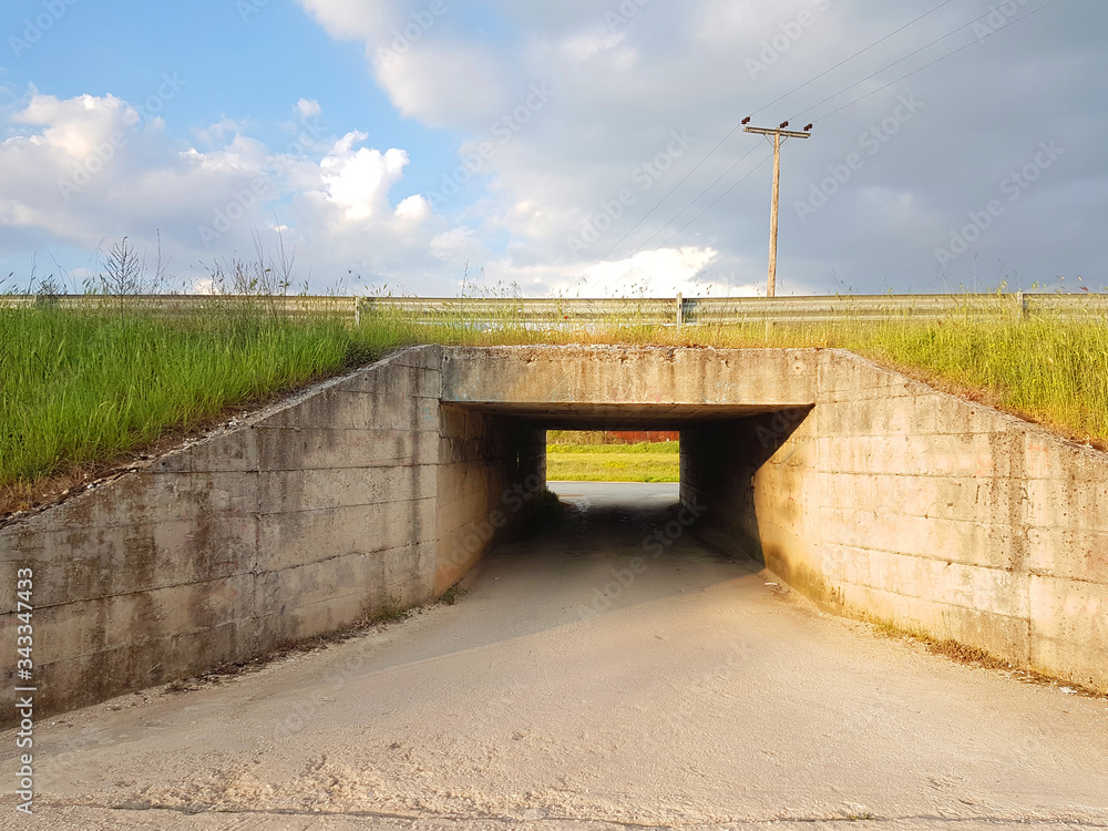 road cement tunnel and car in countryside in spring