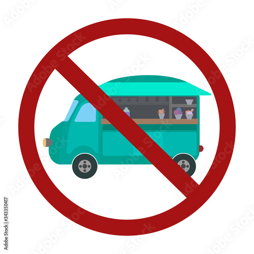 Outline cartoon of an ice cream food truck in prohibition sign. Vintage retro car. Forbidden for street food. Contour colorful vector illustration for cards, banners and your design.