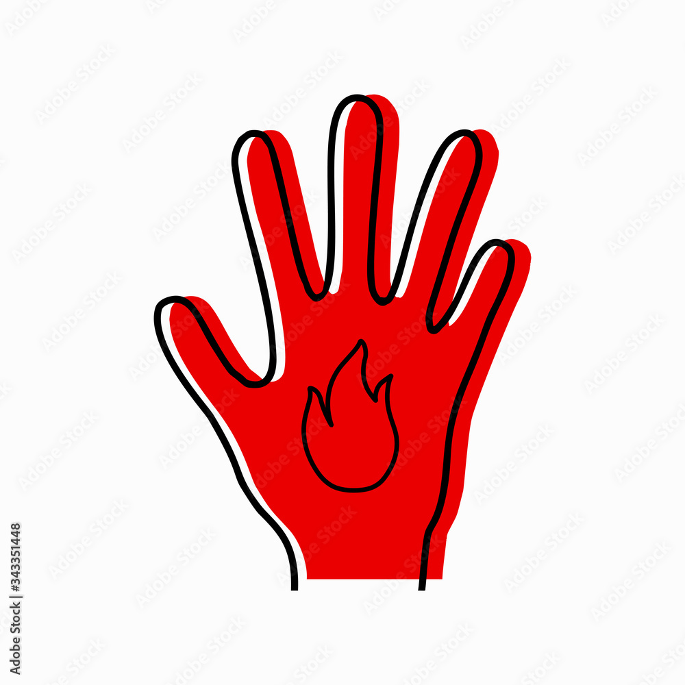 Burn of limbs. Contour silhouette of hand with icon fire and red silhouette on white background. Danger of burns. Vector object for icons, logos, infographics and your design. Burn of limbs. Contour silhouette of hand with icon fire and red silhouette on white background. Danger of burns. Vector object for icons, logos, infographics and your design.