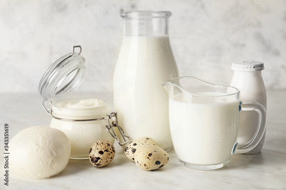 Different dairy products without lactose on light background Different dairy products without lactose on light background