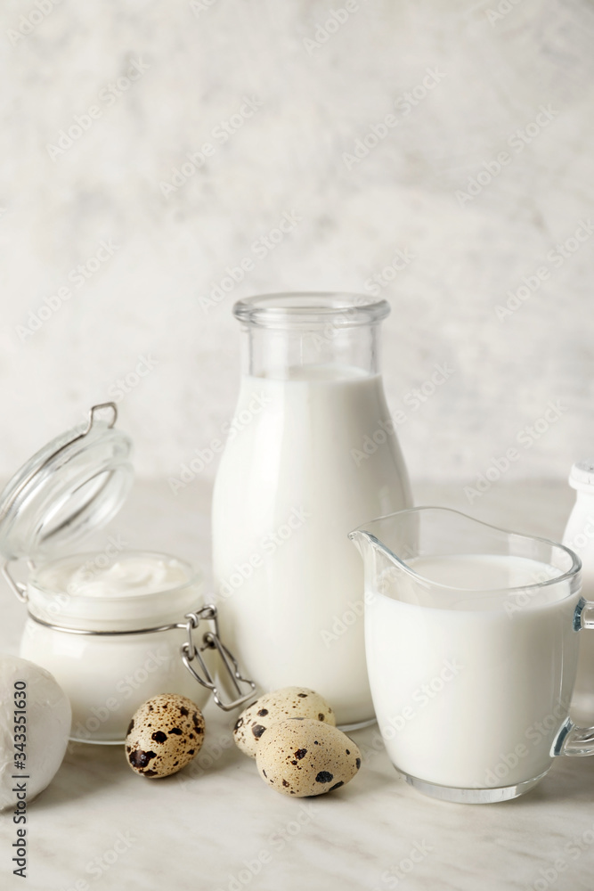 Different dairy products without lactose on light background Different dairy products without lactose on light background