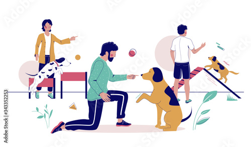 Puppy training classes on dog playground, vector flat illustration
