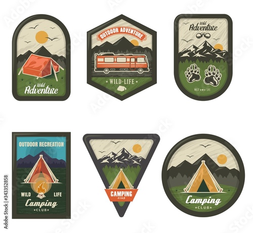 Camping club vintage logo set, vector isolated illustration
