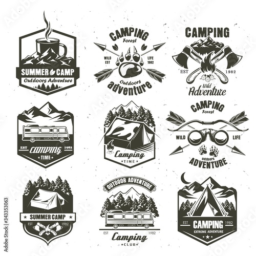 Camping vintage logo set, vector monochrome illustration