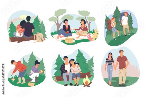 Happy couples camping in forest, vector flat isolated illustration