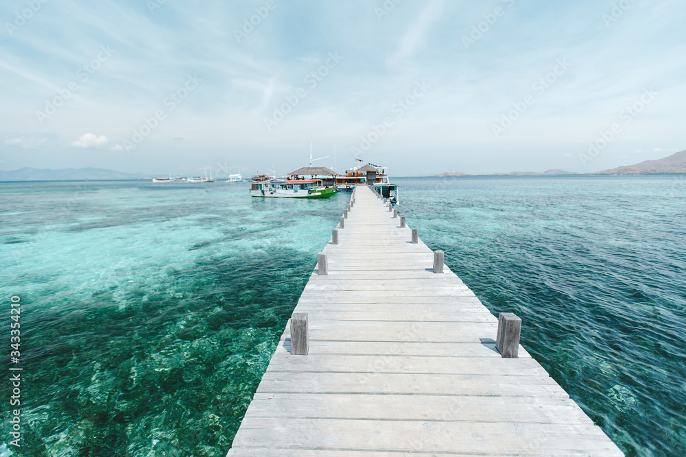 Wooden bridge over the sea. Travel and Vacation. Wooden bridge on the tropical beach and blue sky summer background Wooden bridge over the sea. Travel and Vacation. Wooden bridge on the tropical beach and blue sky summer background