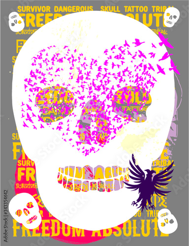 skull and birds print embroidery graphic design vector art