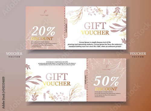 Vector gift voucher template with Rose gold , Mini flowers. Business floral card template. Abstract background. Concept for boutique, floral shop, beauty salon, spa, fashion, flyer, banner design.