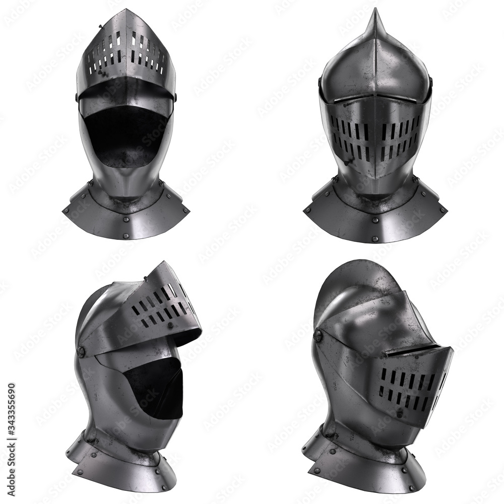 Set of Classic Medieval Knight Armet Helmet with visor. All side view. Used  for tournaments or battlefields. 3D render Illustration Isolated on white  background. Stock-illustration | Adobe Stock