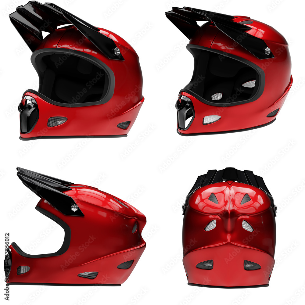 Set of Motor Sport FullFace Helmet Isolated. All side view. Extreme Sport equipment. Red color. 3D render Illustration Isolated on white background.