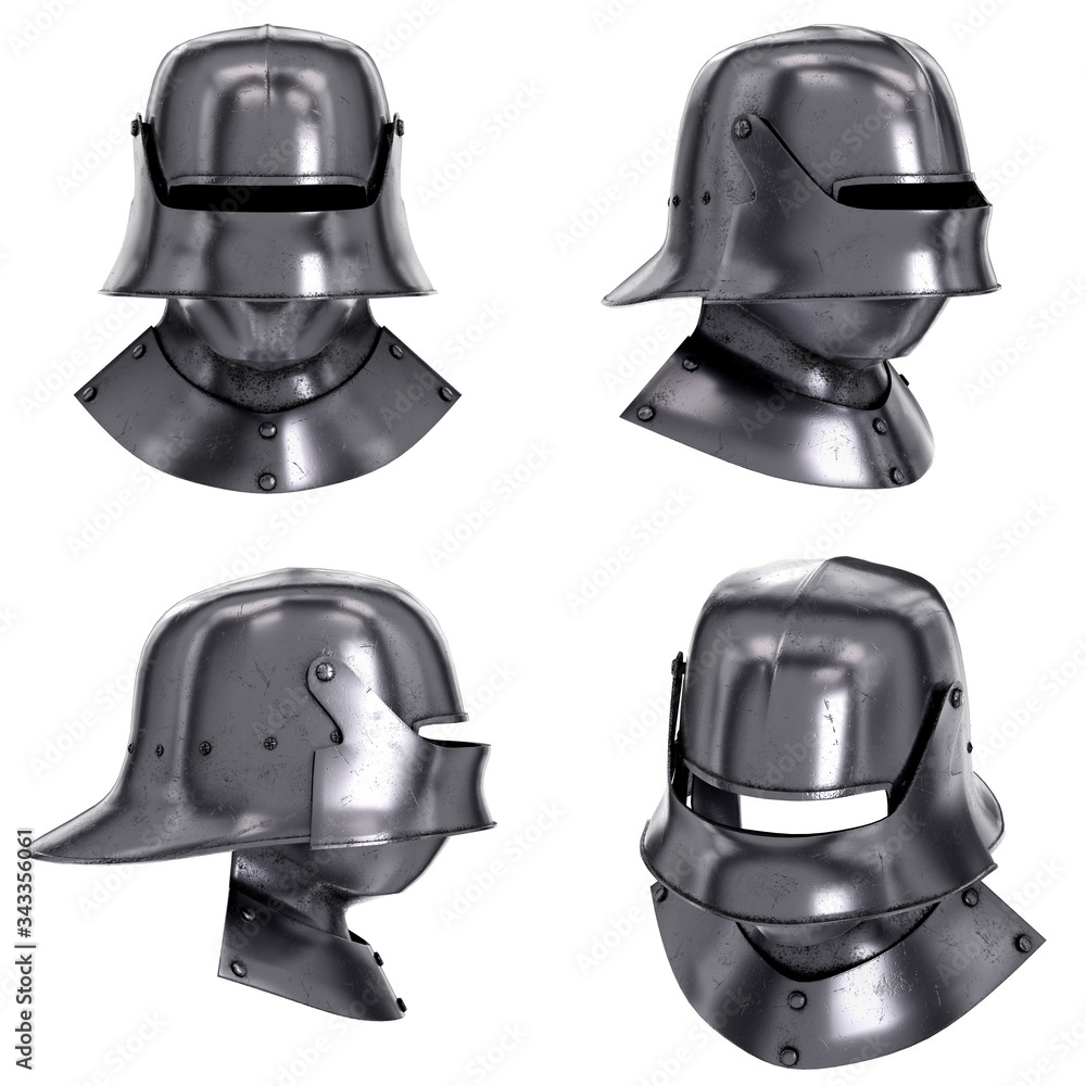 Illustrazione Stock Set of Medieval Knight Sallet Helmet with Visor and  Gorget. Helmet and iron collar for protect of neck. Ancient equipment for  battlefields. 3D render Illustration Isolated on white background.