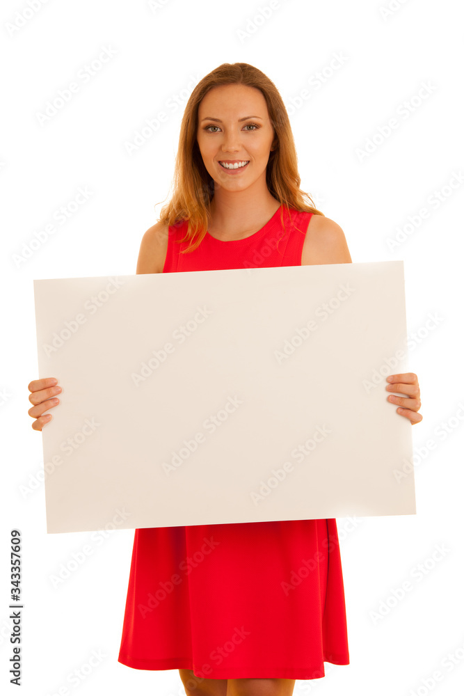 beautiful young woman in red dress holding white blank banner for additional text or graphics isolated over white beautiful young woman in red dress holding white blank banner for additional text or graphics isolated over white