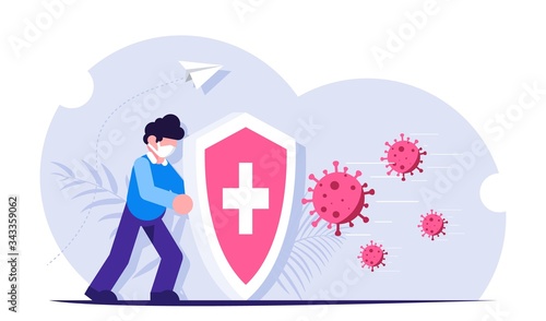 People with a shield is protected from a virus attack. Wearing a bactericide mask as a precaution against infection. Modern flat vector illustration isolated on white background.